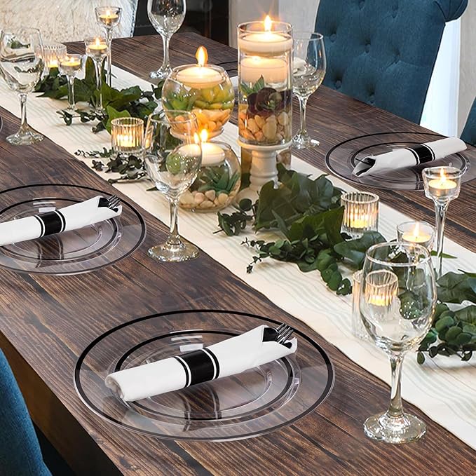 Goodluck 175 Piece Black Plastic Dinnerware Set for Party, Clear Disposable Plates for 25 Guests, Include: 25 Dinner Plastic Plates, 25 Dessert Plates, 25 Pre Rolled Napkins with Cutlery Set, 25 Cups