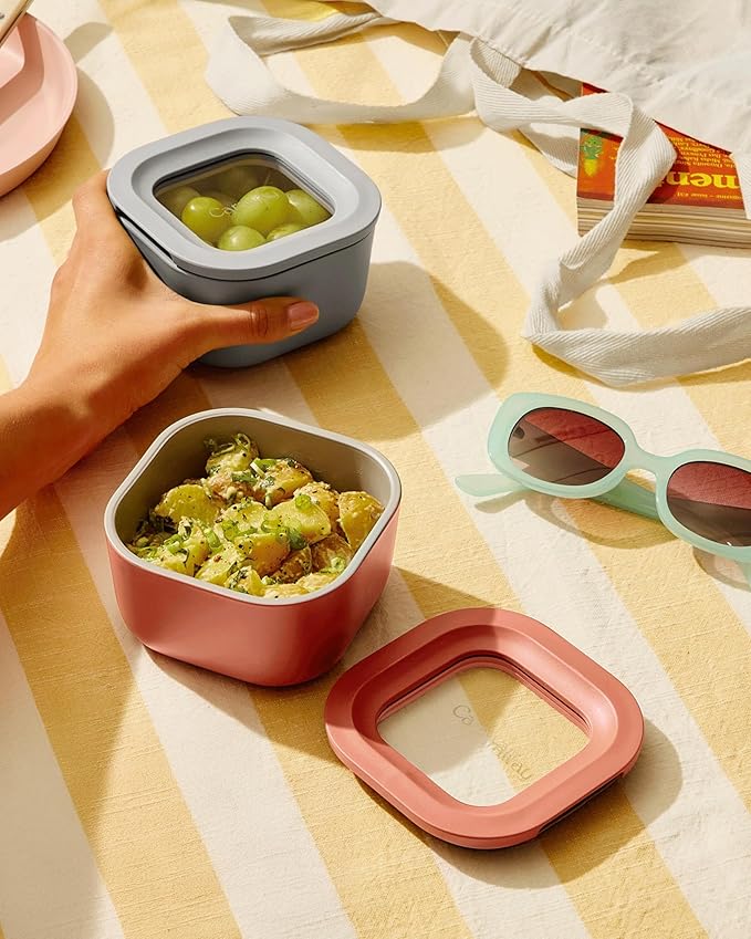 Caraway 2pc Glass Food Storage Set - 1.75 Cup Food Containers (2) - Non-Toxic Ceramic-Coated Glass - Air Release Technology - Compact & Stackable Design - Navy