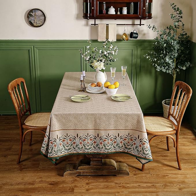 patdrea Designer Linen Light Brown Square Table Cloth,Vintage French Breathable Floral Tablecloth,Decor Table Covers for Kitchen Dining,Parties,Christmas,Tea Party,Thanksgiving,67"x67"-Cudillero