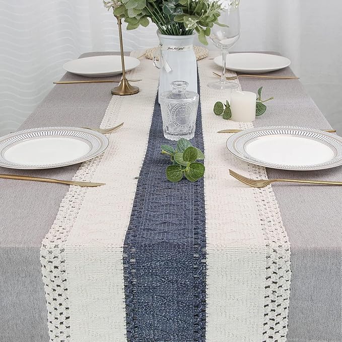 FEXIA Boho Blue Table Runner 72 Inches Long with Tassels Macrame Farmhouse Style Party Rustic Wedding Baby Bridal Shower Dining Decor (12x72 Inches)