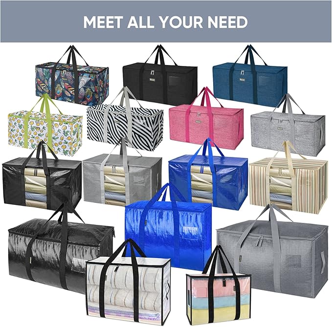 BALEINE 6-Pack Oversized Moving Bags with Reinforced Handles, Heavy-Duty Storage Tote Moving Supplies for Packaging, Camping (Color Stripe, 6-Pack)