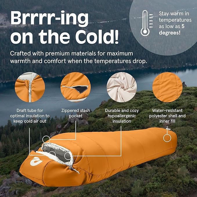 Retrospec Dream Sleeping Bag - 5, 15, 30 Mummy for Camping, Insulated Cold Weather, Lightweight Stuff Sack, Water-Resistant, Adjustable Draw Cords, Adult
