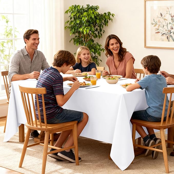 10-Pack White Tablecloths for Rectangle Tables, 60 x 84 Inches, Stain-Resistant Polyester Fabric for 4 Foot Tables - Washable Table Covers for Weddings, Banquets, Birthday Parties, Events