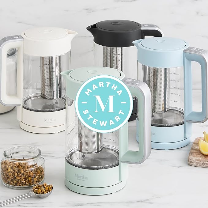 Martha Stewart Electric Kettle with Removable Stainless Steel Tea Infuser, Glass Carafe 1.7L (7 Cups), Hot Water Boiler, 4 Presets, Keep Warm & Auto Shut-Off, Cordless 360° Swivel Base, Caviar Gray