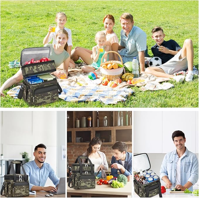 holuxer Insulated Lunch Bag & Lunch Box for Men - Double Deck Reusable Lunch Bag for Women Tote Cooler Bag Leakproof Soft Expandable - Extra Large Lunchbox for Work/Adult/Picnic/Outdoor (Camo,22L)