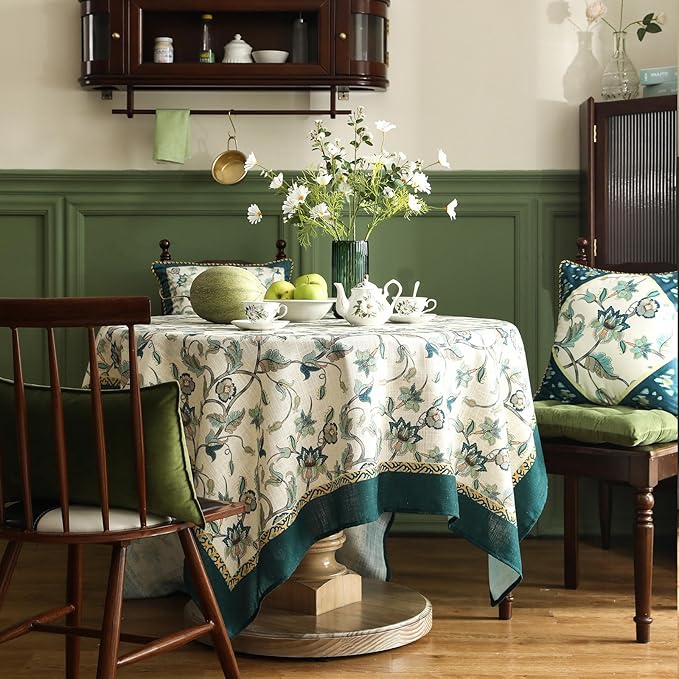 patdrea Designer Green Small Linen Table Cloth for Rectangle Table,Vintage Floral Pattern Durable Tablecloth,French Cover Decor for Kitchen Dining,Christmas,Thanksgiving,Tea Party,55"x71"-Noah