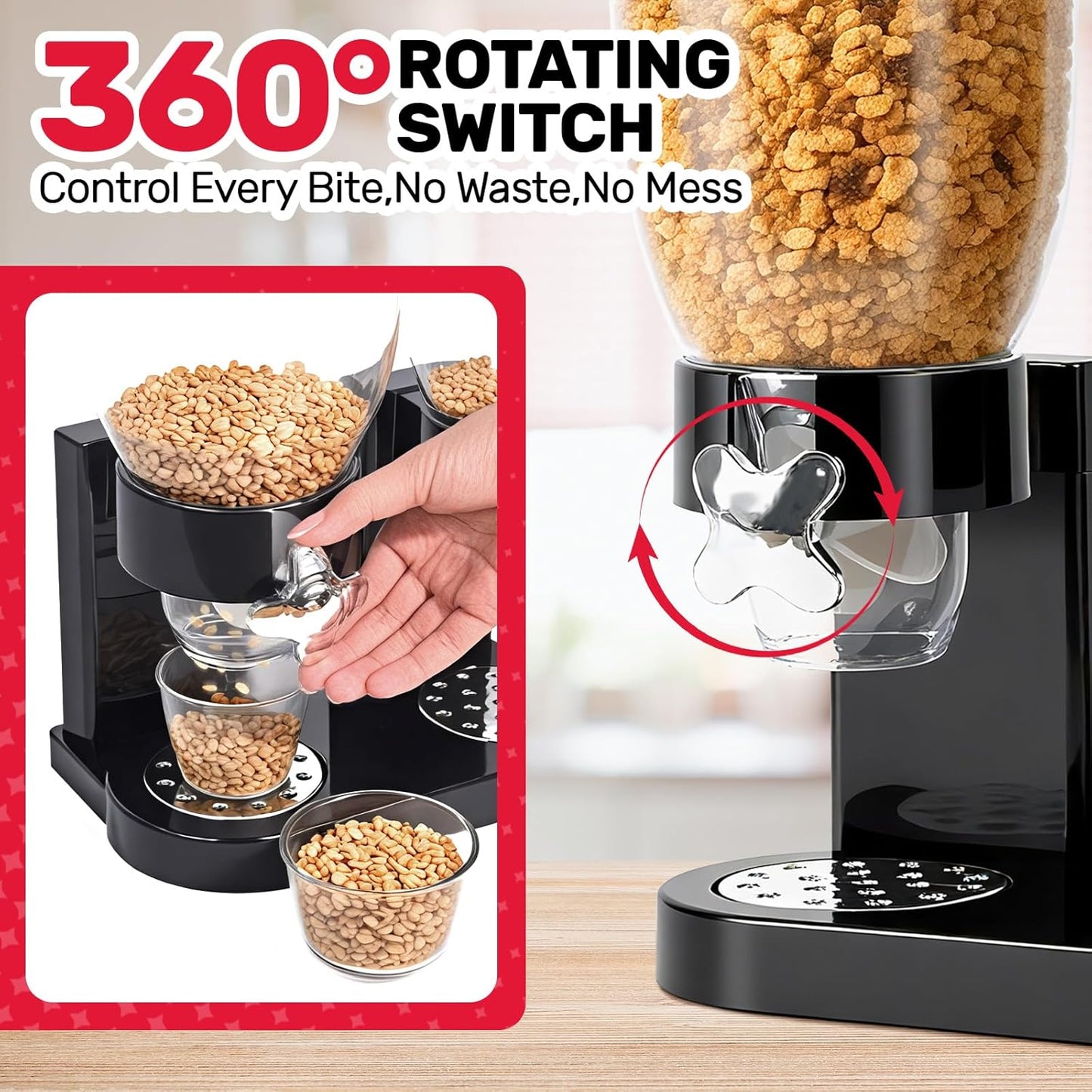 Dual-Control Cereal Dispenser Countertop, 2 Pack 2L Cereal Containers Storage with Airtight Lids, Rotating Dispenser for Pantry, Cereal, Dry Food, Candy, Rice, Grains, Coffee Bean