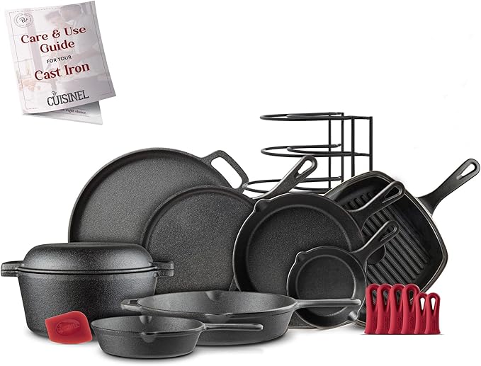 Cast Iron Cookware 18-Piece Set - Pre-Seasoned 6" + 8" + 10" + 12" Skillet + Grill Pan+Lid + Griddle + Pizza Pan + Dutch Oven+Cover/Pan + Panrack + Silicone Handle Cover + Pan Scraper/Cleaner