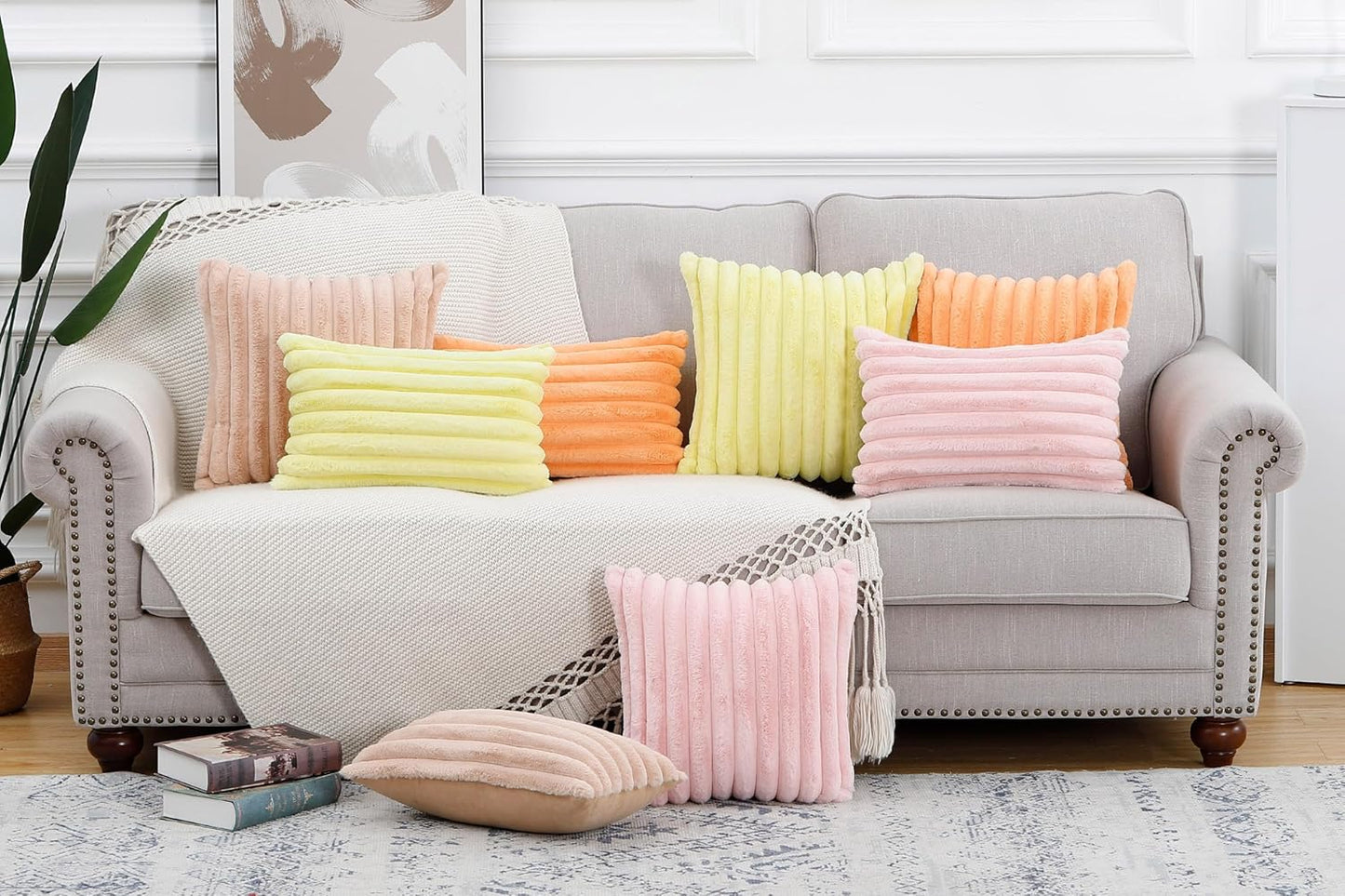 MADIZZ Set of 2 Faux Wool Plush Decorative Throw Pillow Covers 16x16 Inch Orange Fluffy Striped Soft Decorative Cushion Cover for Sofa Bedroom Pillow Shell