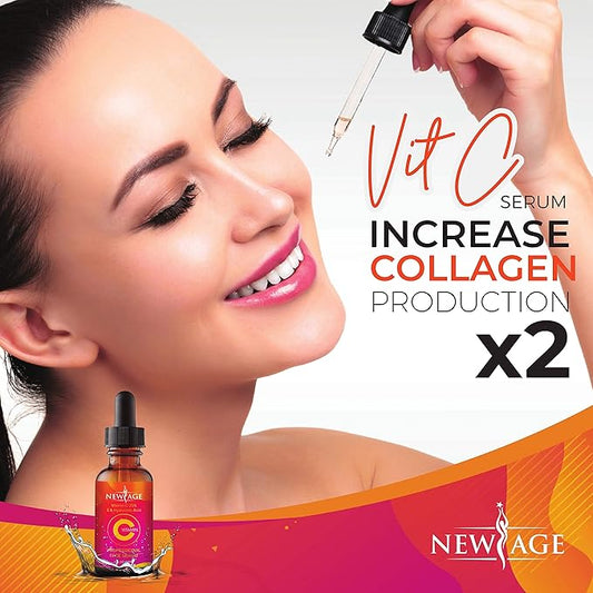 (2-PACK) Vitamin C Serum with Hyaluronic Acid for Face and Eyes - Natural Anti Aging Eye Serum - Facial Serum Fades Age Spots and Sun Damage - By New Age