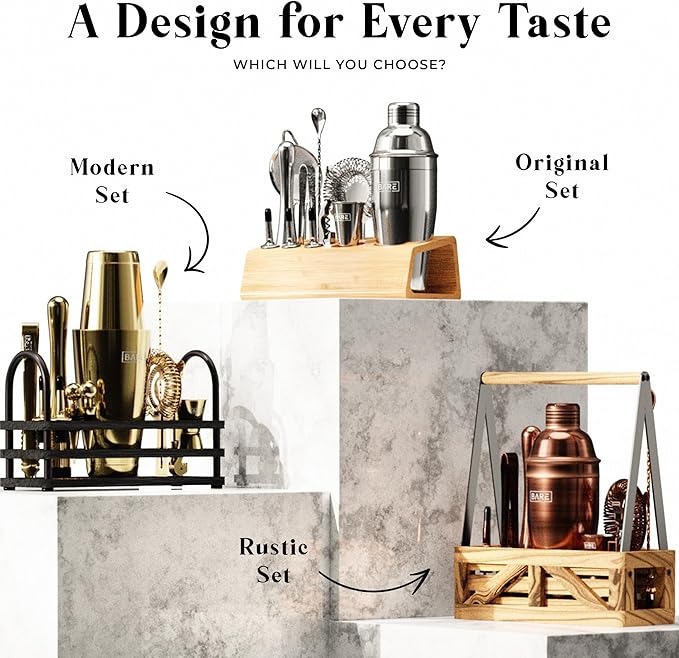 BARE BARREL® Mixology Bartender Kit Bar Set | 14-Piece Cocktail Shaker Set | Martini Barware Mixing Tools for Home Bartending | 35 Recipe Cards | Gift Set (28oz Boston Shaker, Copper/Black)