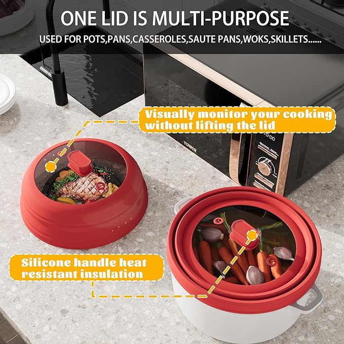 Microwave Splatter Cover, Vented Silicone and Glass Cover Splatter Guard Lid, Food Collapsible Plate Cover Lid with Easy Grip Handle. (Red, 10.8 inch)
