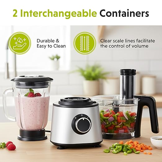 Simple Deluxe Food Processor Blender Combo, 300W Electric Kitchen Appliance with 1.5L Glass Jar, 6-Cup Chopper for Dough Meat Slicing Puree, Dual Speeds & Safety Lock, Black & Silver