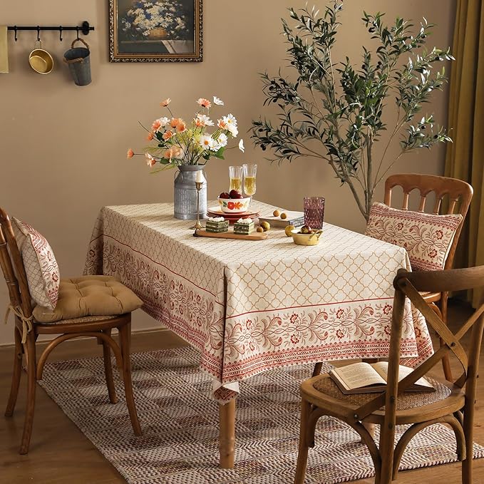 ISAENNE Designer Linen Floral Tablecloth Rectangle,Pale Yellow Elegant Farmhouse Indoor Table Cloth,Durable Decor Tablecloths for Dining Kitchen Thanksgiving Christmas,55"*87"-Chamonix A