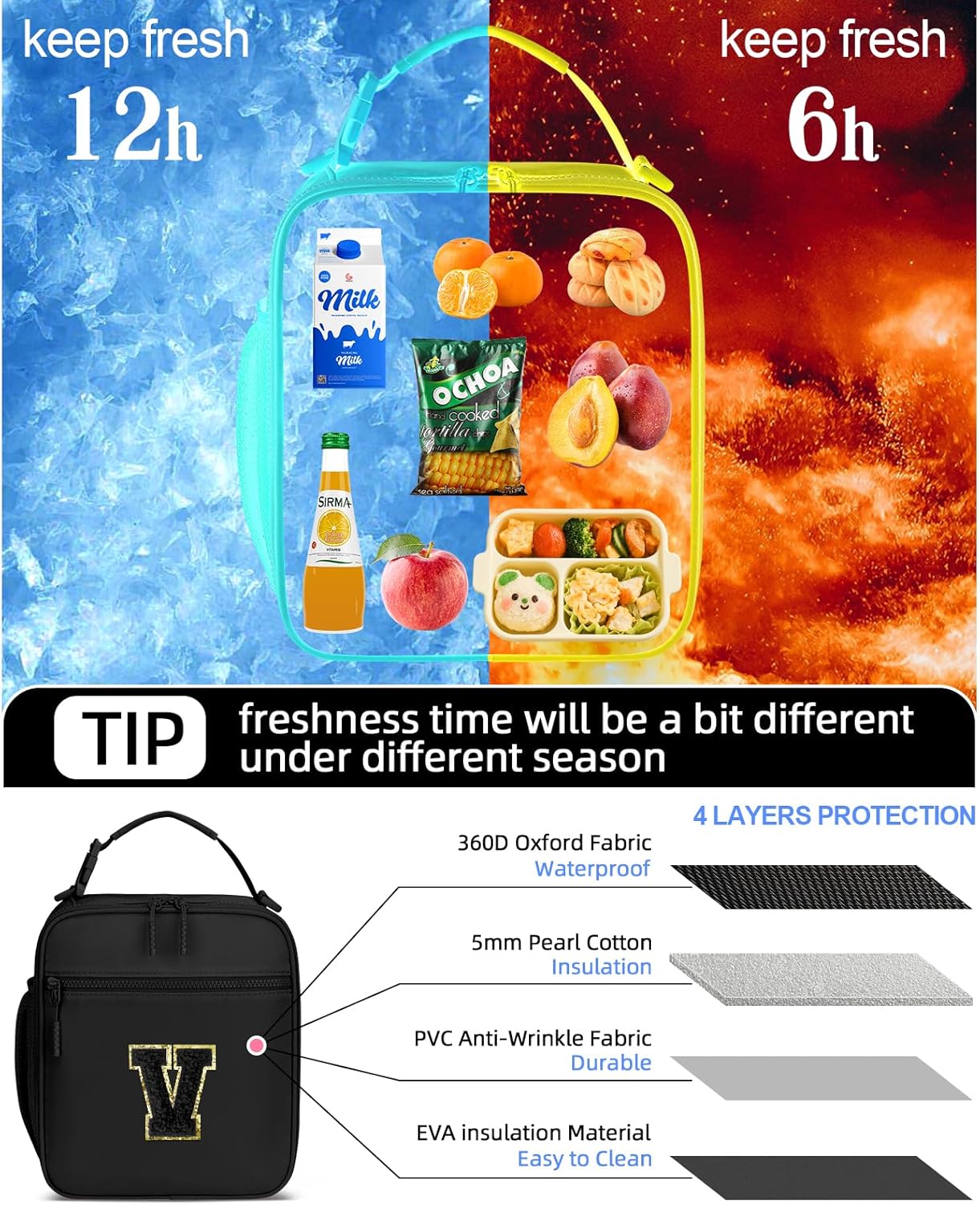 Initial Insulated Lunch Bag for Boys Kids, Back to School Gift, Reusable Leak-proof Lunch Box with Adjustable Strap for School Daycare Travel Picnic(Black,V)
