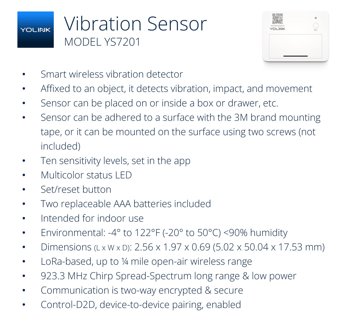YoLink LoRa Smart Vibration Sensor; Smart Shock, Glass Break, Tamper, Movement Detector, Generator Running, Email/SMS/Push Alerts, 1/4 Mile Open Air Range, Alexa, Hub is not Included