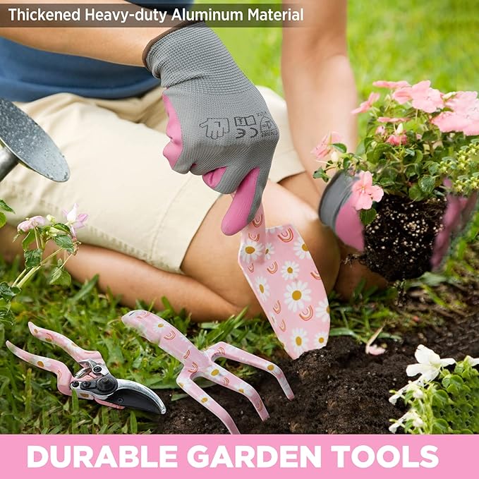 WORKPRO 5PCS Gardening Tools, Aluminum Heavy Duty Garden Tool Set with Bag, Ideal Gardening Gifts for Women-Pink Ribbon