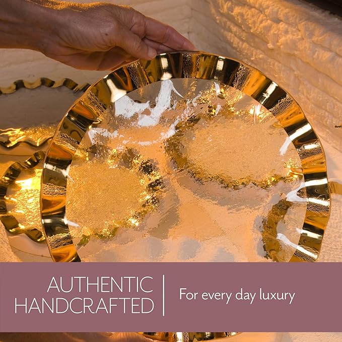 Annieglass Ruffle 10.75 x 13.5 Inch Rectangular Bowl with 24k Gold, Timeless Glass Tableware for all Occasions, Made in the USA