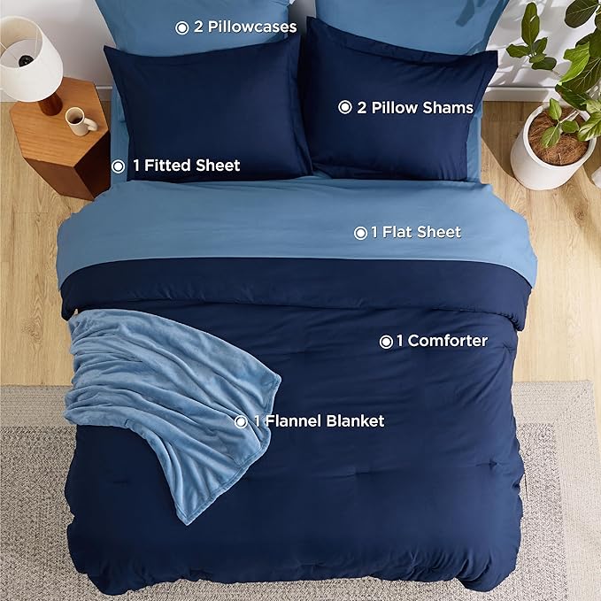 Bedsure Full Comforter Set Navy Blue, 8 Pieces Prewashed Full Size Bed in a Bag with Soft Fleece Bed Blanket, Down Alternative Bedding Set for All Seasons, Sheets, Pillowcases & Shams
