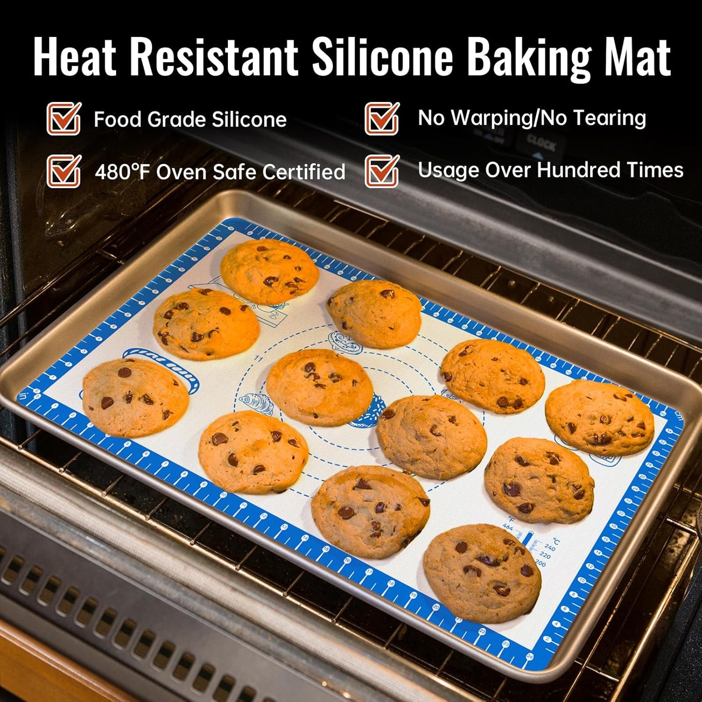 Silicone Baking Mat With 10 Recipes,Silicone Macaron Baking Sheet for Cookie, Pizza, Surdough, Pastry,Dough Rolling out, Non Stik and 480ยฐF Oven Safe