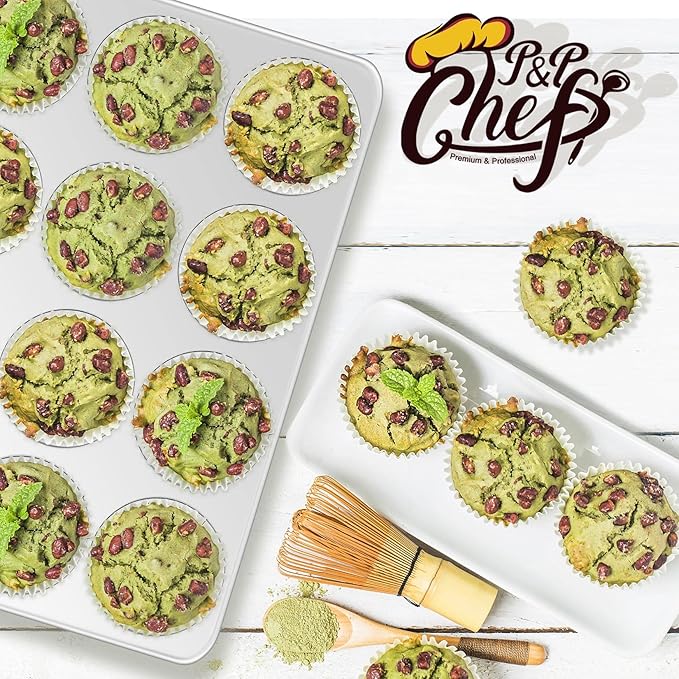 P&P CHEF Muffin Pan Cupcake Baking Pan Set, Stainless Steel Muffin Tin Tray for Mini Cake Tart Quiche, Oven & Dishwasher Safe, Non-toxic & Heavy-duty, (12 Cup, 1Pc)