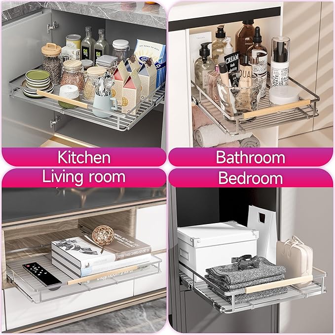 Pull Out Cabinet Organizer, Expandable(14.9"~25.9") Cabinet Drawers Slide Out, Adjustable Width Roll 0ut Shelf Cabinet Organizer for Kitchen Base Cabinet Organization (Large, 1Pack)