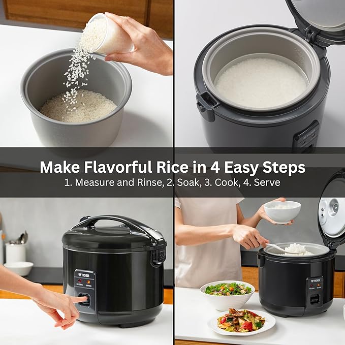 Tiger JNP-S15U-KY 8 Cup Capacity White Rice Cooker with Non-Stick Inner Pot, Retractable Power Cord, and Keep Warm up to 12 hours (Obsidian Black)