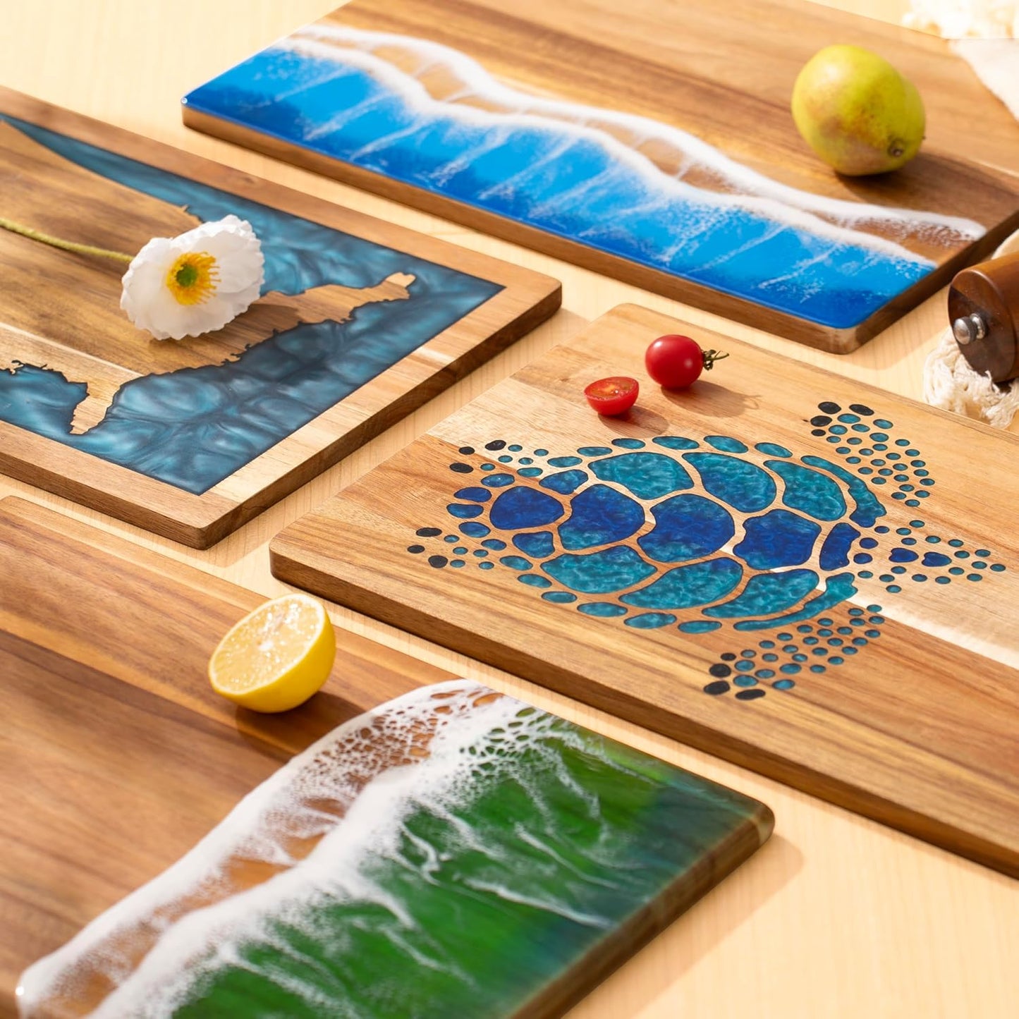 Acacia Wood Cutting Board With Colorful Black Resin Galactic Cosmos & Wood Stumps Unquie Design for Kitchen Meal Prep Serving Tray Cheese & Charcuterie Board for Meat Vegetable Gift 15*10‘’