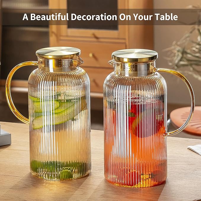 Buaic Glass Pitcher with Lid, 84oz/2.5 Liter Amber Classic Vertical Stripes Water Pitcher,Glass Water Carafe for Cold Brew, Coffee, Lemonade, Iced Sun Tea,Beverage, Milk, Heat Resistant