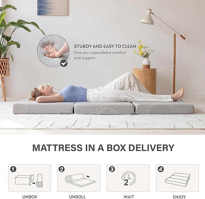 MLILY Tri-Fold Memory Foam Mattress, 4 inch Single Folding Mattress with Collapsible and Washable Cover, Travel and Guest Mat, 75"×25"×4", Grey