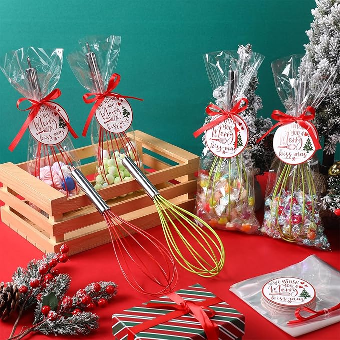 72 Sets 12 Inch Christmas Whisks Gifts DIY Fillable Christmas Tree Ornaments Xmas Colored Silicone Whisks for Cooking Heat Resistant Egg Beaters with Card Rope Bag for Candy Holder