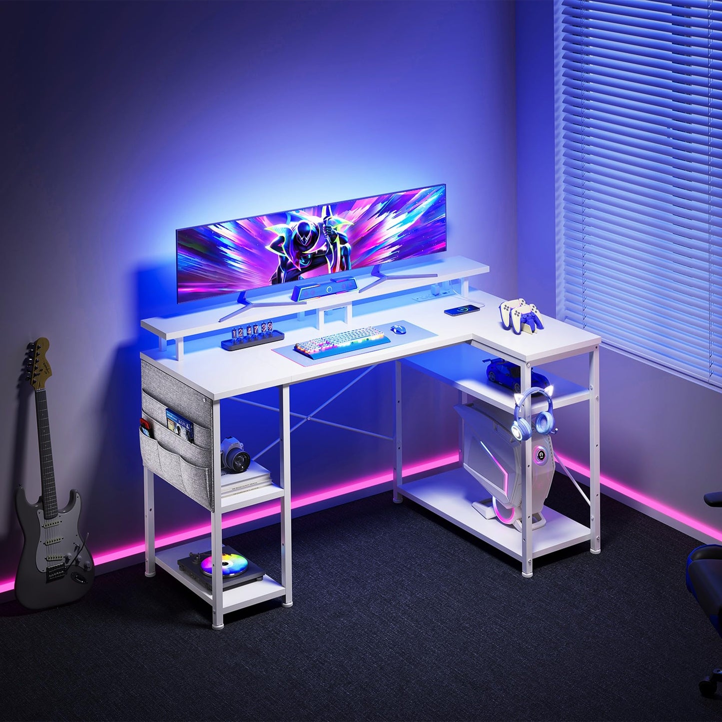 Maihail 51 inch L Shaped Desk with LED Lights & Power Outlets, Reversible Gaming Desk with Shelves & Monitor Stand, Computer Desk with Storage Side Bag,Corner Desk for for Bedroom Gaming Room, White.