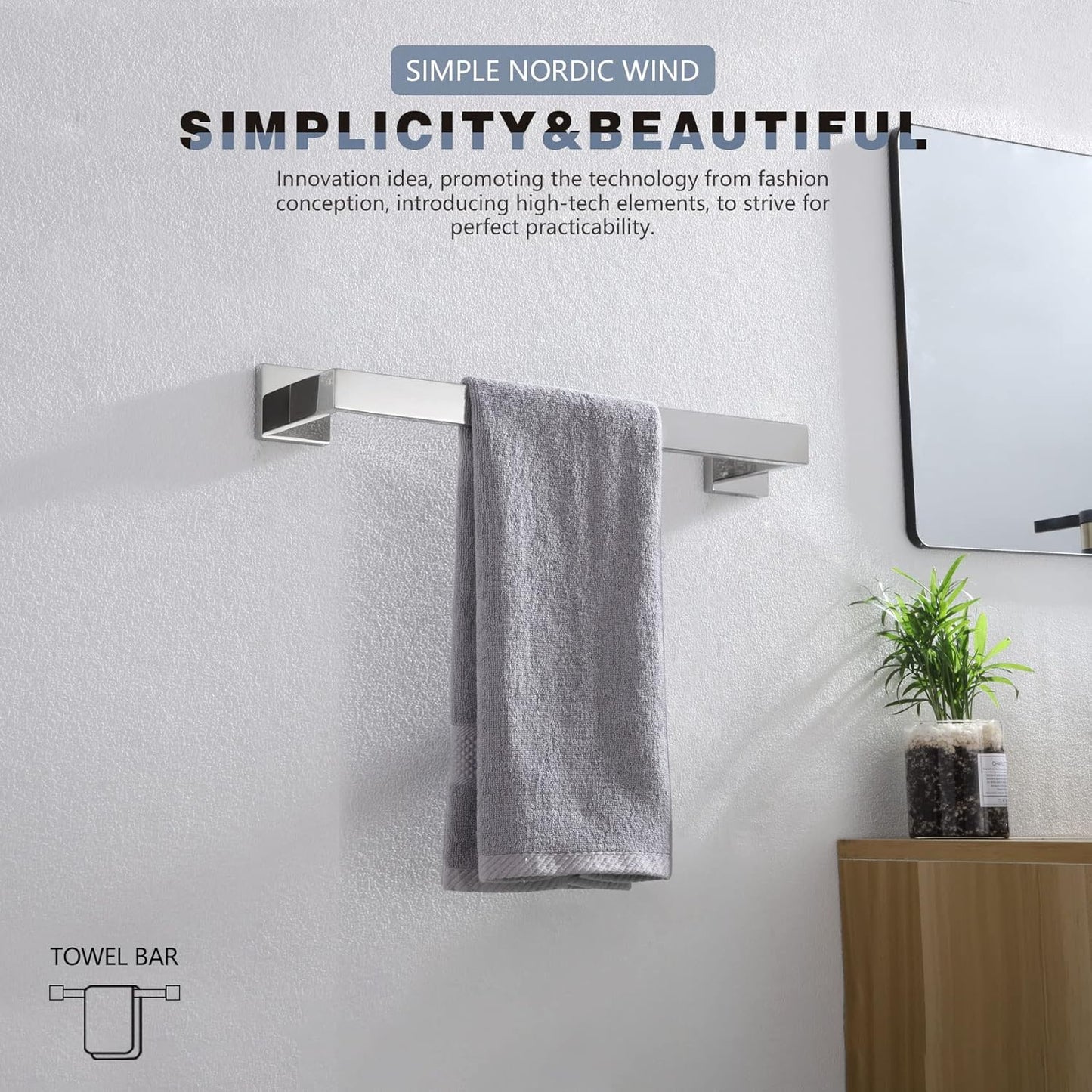 KOKOSIRI 16-Inch Single Towel Bar, Bathroom Kitchen Towel Holder, Wall Mounted SUS304 Stainless Steel Towel Rack, Polished Chrome, B4003CH-L16