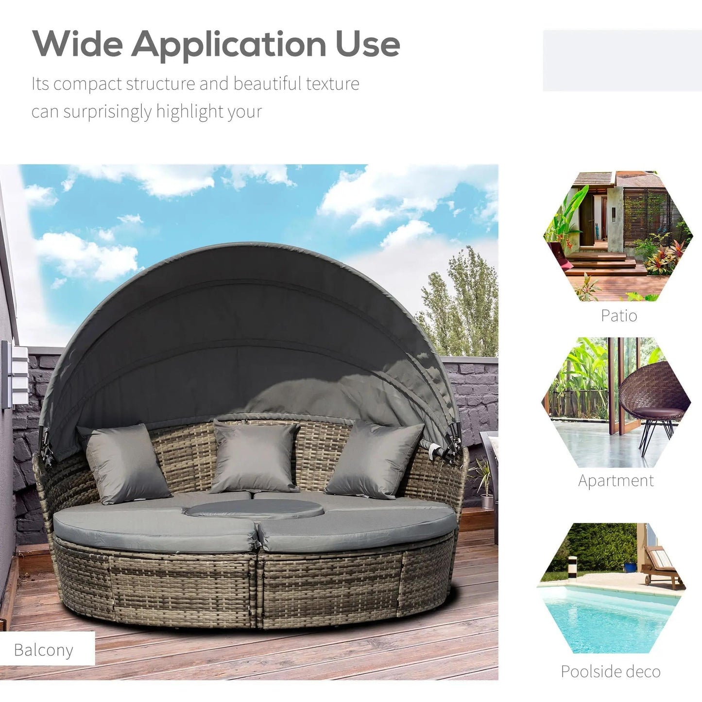 Resenkos 4-Piece Round Convertible Daybed with Cushions, Outdoor Sectional Furniture, PE Rattan, Gray