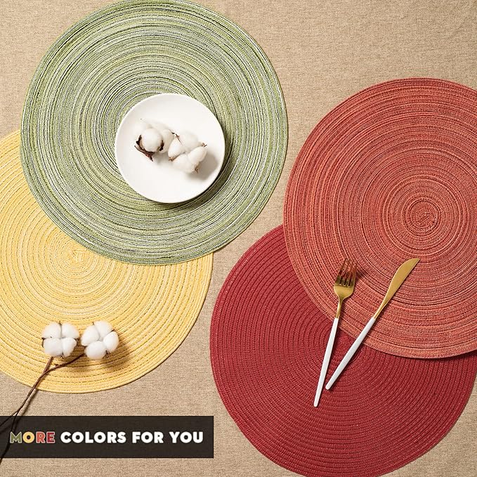 FunWheat Round Braided Placemats Set of 6 Place mats for Dining Tables Woven Heat Resistant Table Mats 15 inch (Light Green)