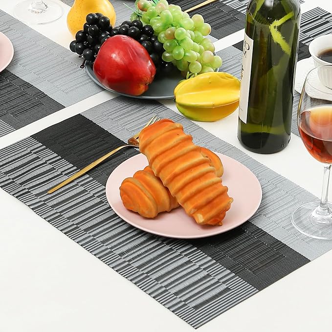 Leetaltree Grey with White Striped Placemats Set of 6 - Heat Resistant Non-Slip Place mats for Dining Table, Washable Durable PVC Vinyl Woven Table Mats(Grey Stripe, 6)