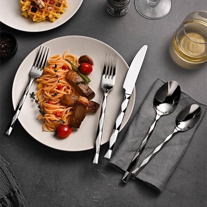 KINGSTONE Silverware Set, Luxury 40 Piece Flatware Set for 8, 18/10 Stainless Steel Cutlery Set with Diamond Cut Pattern for Kitchen, Home, Wedding, Party, Mirror Polished and Dishwasher Safe