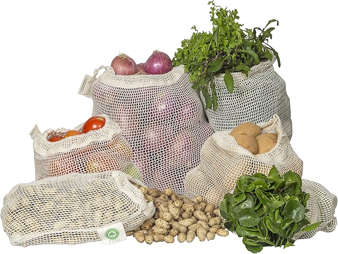 Reusable Cotton Mesh Produce Bags - 100% Organic Cotton, 8"x10", Drawstring Closure Mesh Bags to Store Cilantro, Lime and Small Vegetables and Produce (3 Small - 8"x10")
