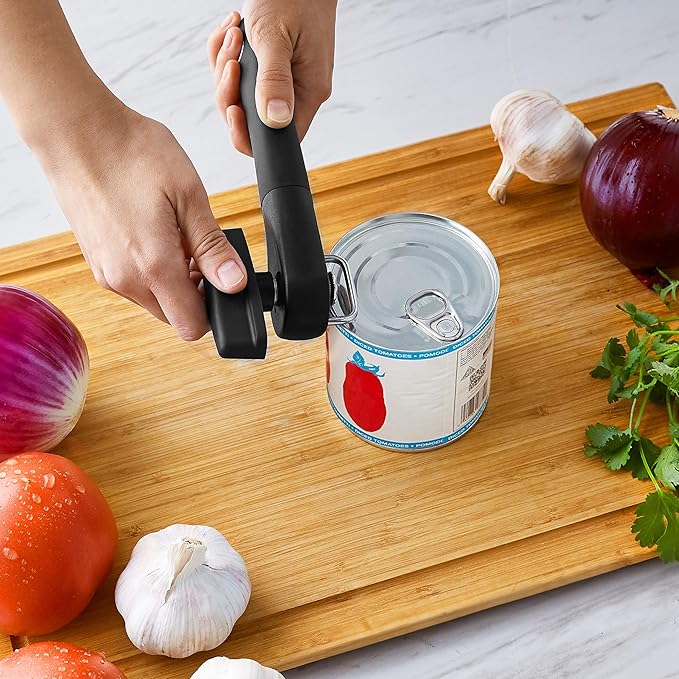 Amazon Basics Manual Can Opener, Hand Held, Black Soft Grip Single Handle, Large