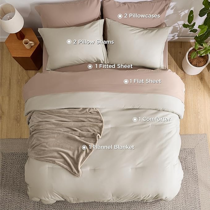 Bedsure Queen Comforter Set Beige, 8 Pieces Prewashed Queen Size Bed in a Bag with Soft Fleece Bed Blanket, Down Alternative Bedding Set for All Seasons, Sheets, Pillowcases & Shams