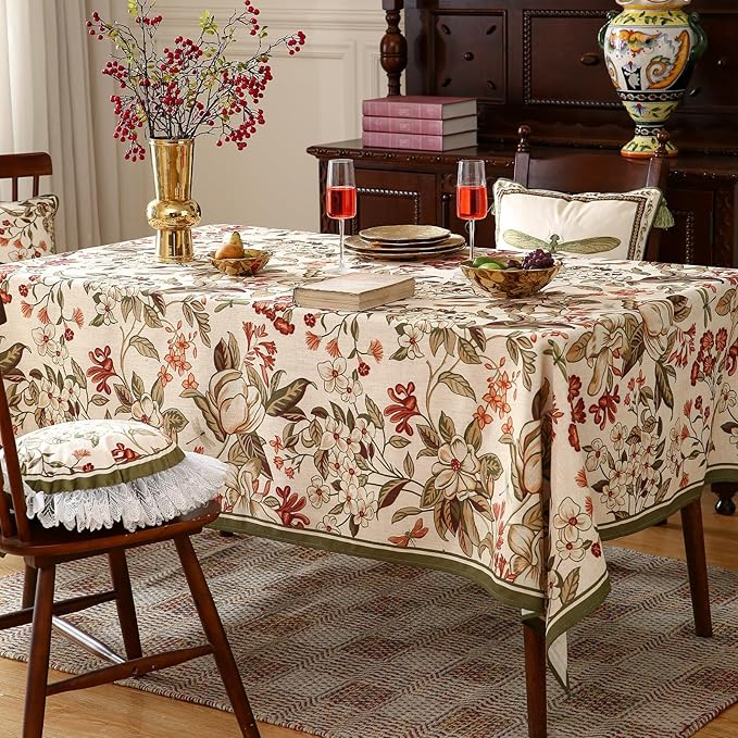 ISAENNE Designer Bohemian Linen Extra Long Tablecloth Rectangle,Colorful Floral Pattern Table Cloth,Wrinkle Resistant Decorative Tablecloths for Dining Thanksgiving Kitchen,67"*118"-Grace A