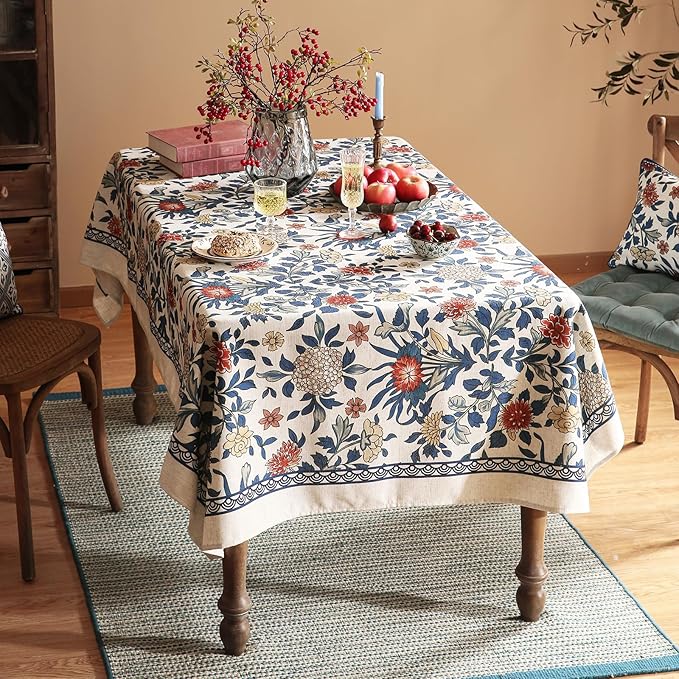 patdrea Designer Blue Small Tablecloth for Rectangle Table,Vintage Linen with Leaves and Floral Pattern Tablecloths,Farmhouse Decor Cover for Kitchen Dining Christmas,Thanksgiving,55"x71"-Ivar a