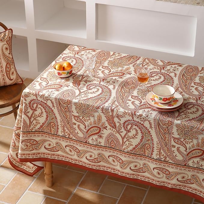 ISAENNE Designer French Red Extra Long Tablecloth Rectangle,Linen Table Cloth with Cashew Pattern,Stain Proof Decor Tablecloths for Dining Thanksgiving Kitchen Christmas,67"*118"-Chauffrey D