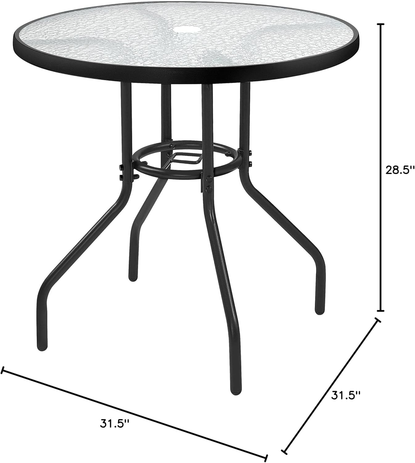 YYEAN 27.4'' Patio Bistro Table Round Outdoor Coffee Table, Round Tempered Glass Top with 1.7'' Umbrella Hole, Iron Frame for Balcony Backyard Lawn and Garden