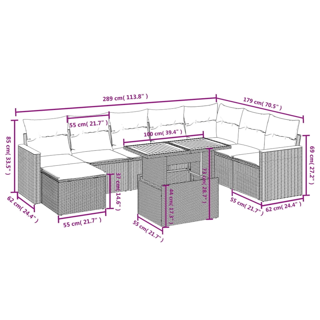 vidaXL Garden Sofa Set Grey PE Rattan Large Adjustable Armrests