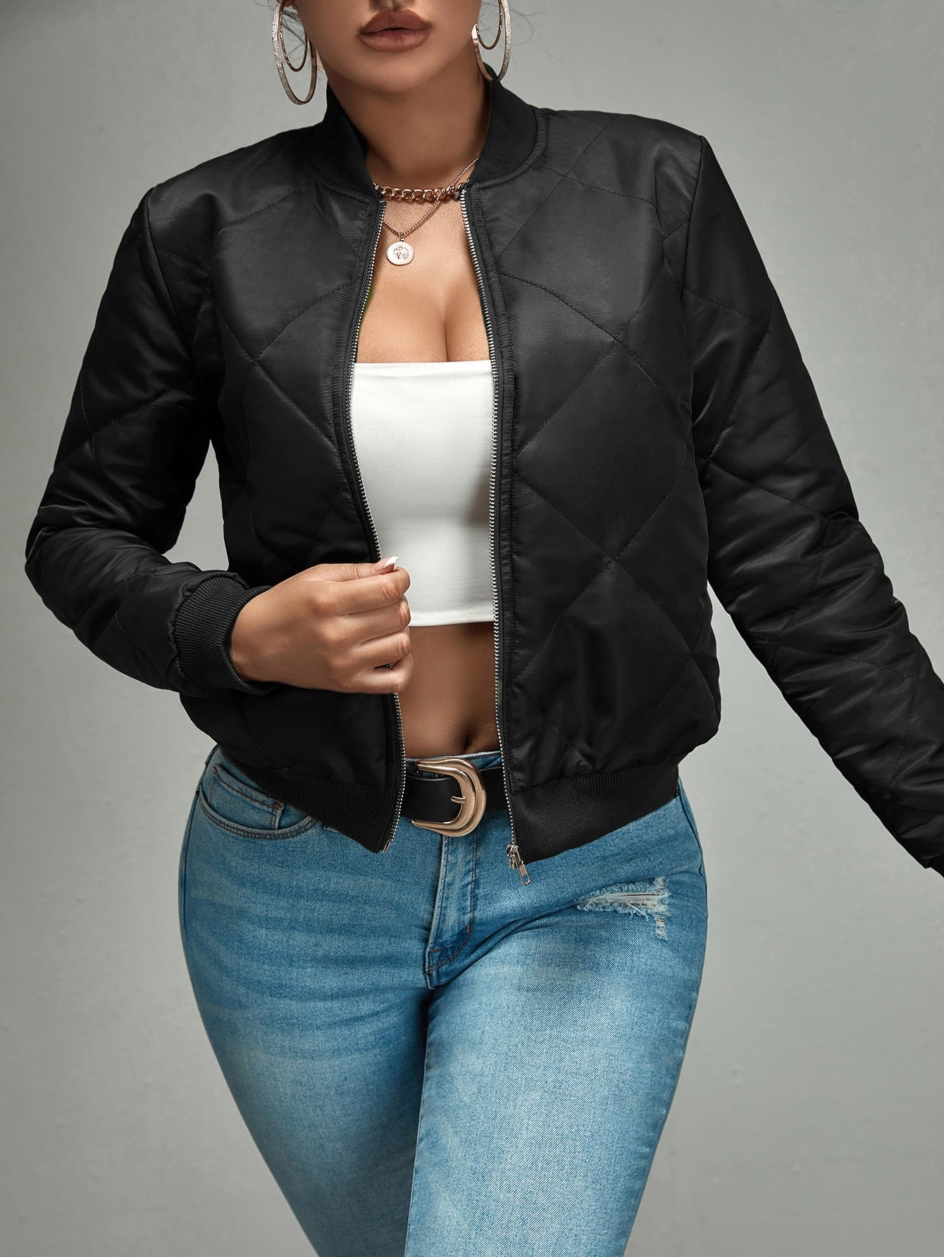 SHEIN SXY Zip Up Quilted Bomber Jacket