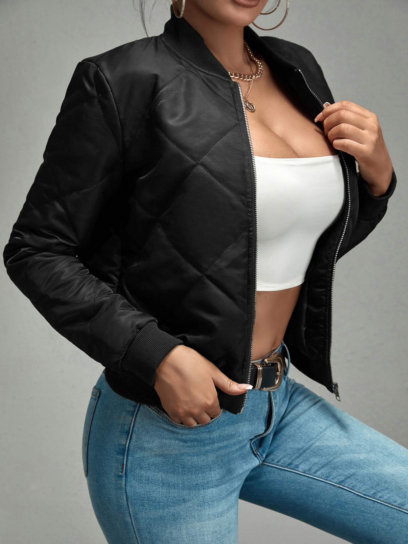 SHEIN SXY Zip Up Quilted Bomber Jacket