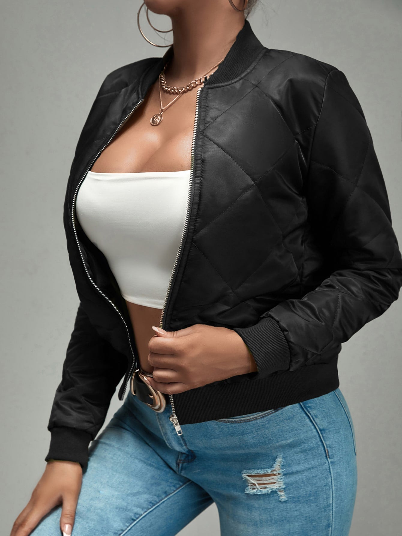 SHEIN SXY Zip Up Quilted Bomber Jacket