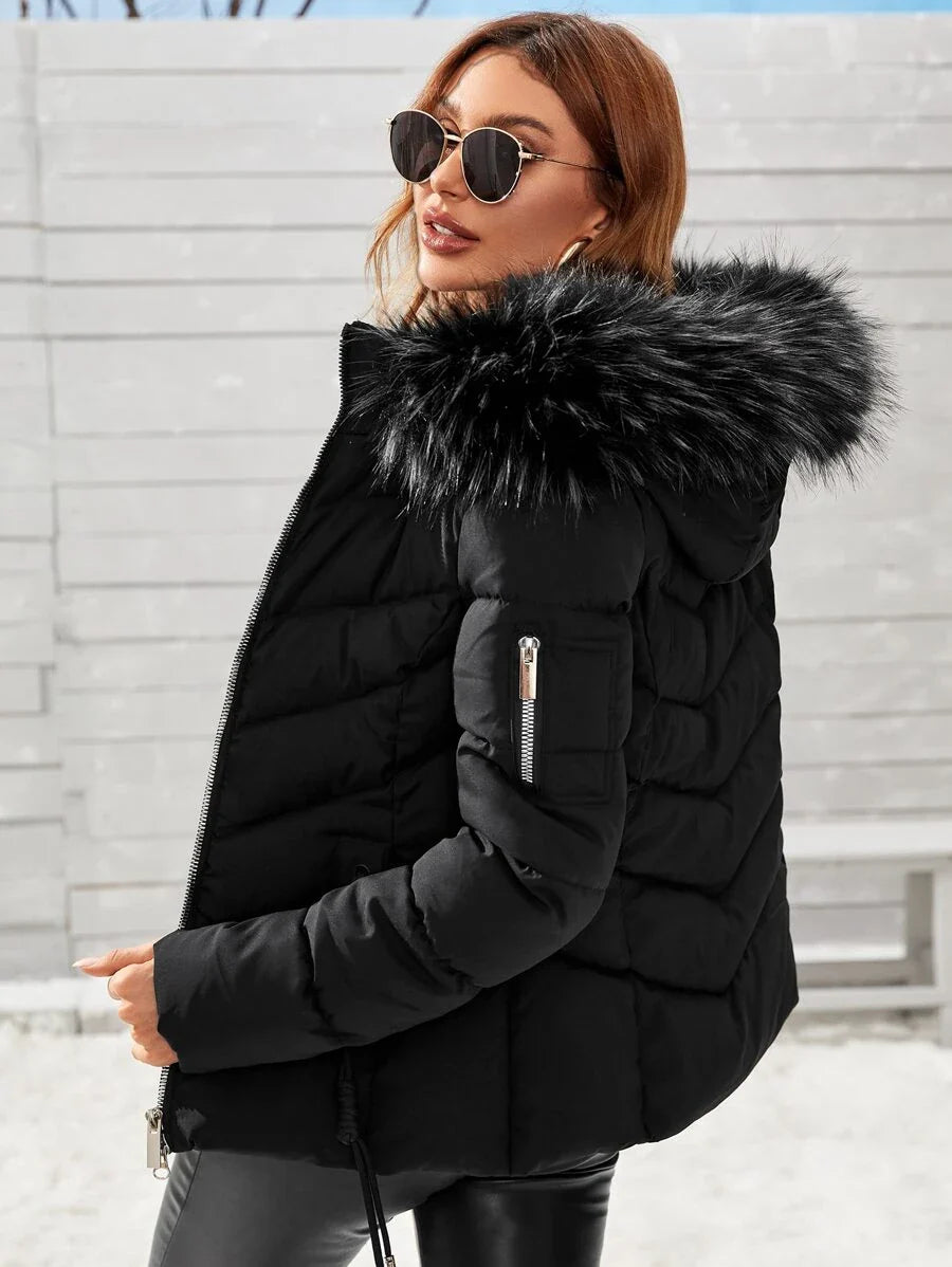 Anewsta Women's Solid Color Long Sleeve Zipper Collar Patchwork Fuzzy Hooded Padded Coat, Winter