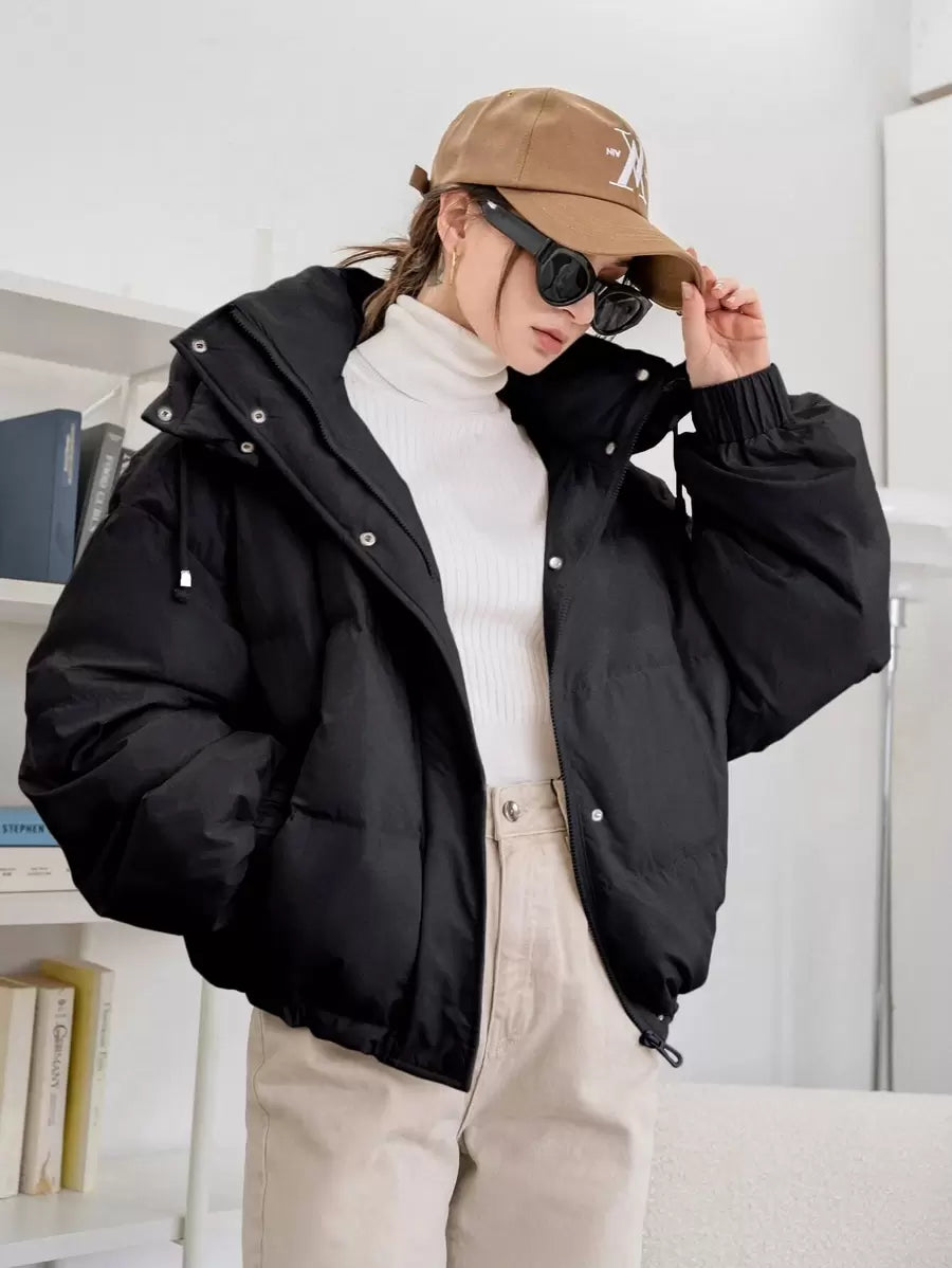 DAZY Women's Solid Color Long Sleeve Zipper Collar Casual Hooded Winter Jacket